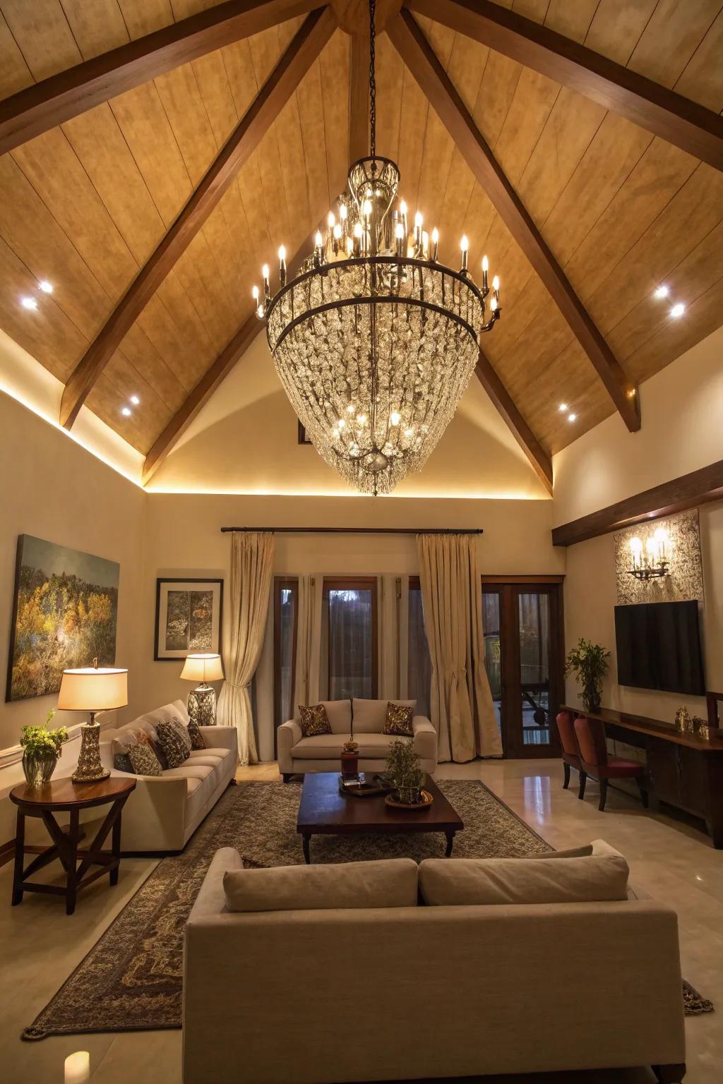 A magnificent chandelier amplifies the grandness of this high-ceilinged room.