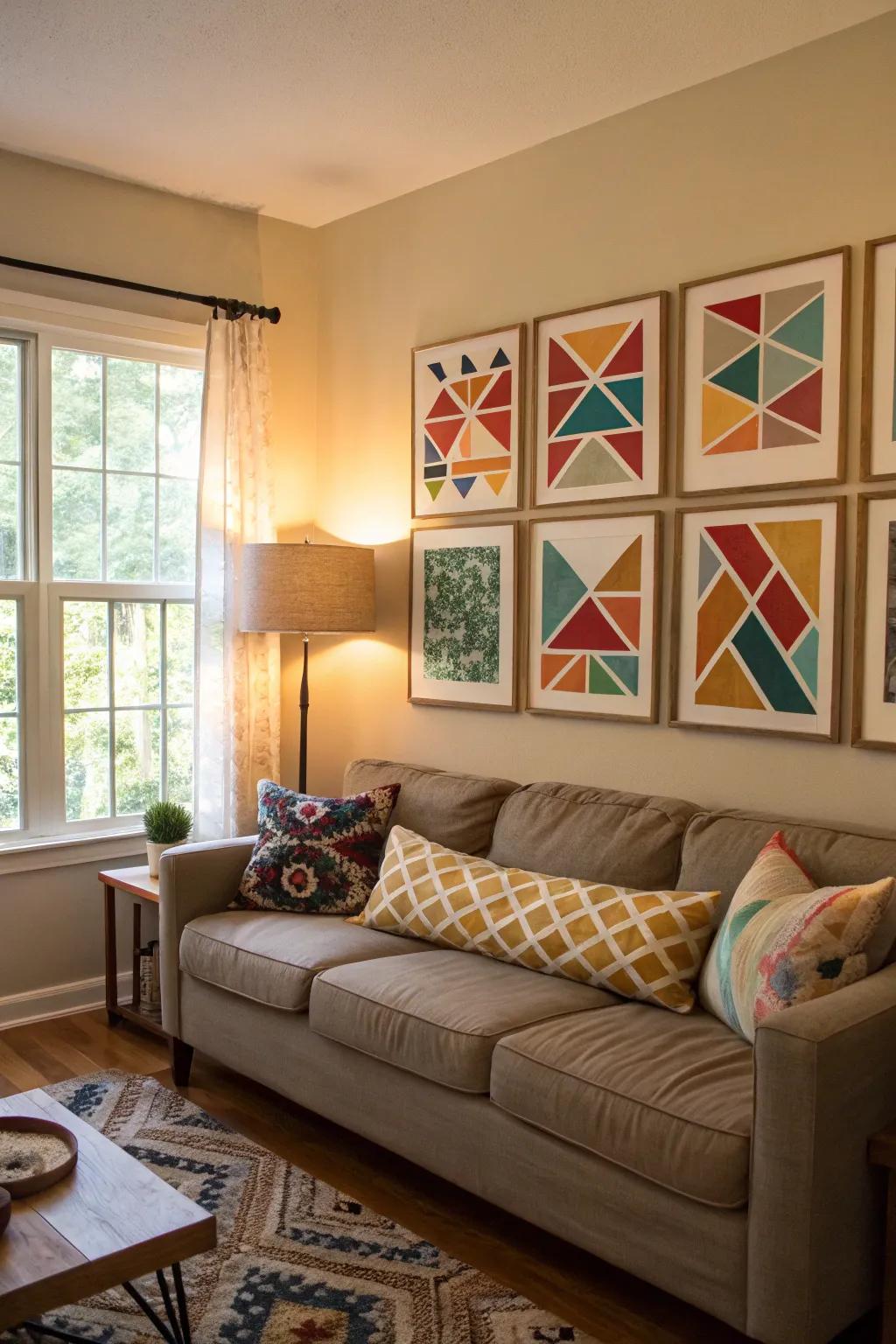Geometric art introduces a modern touch.
