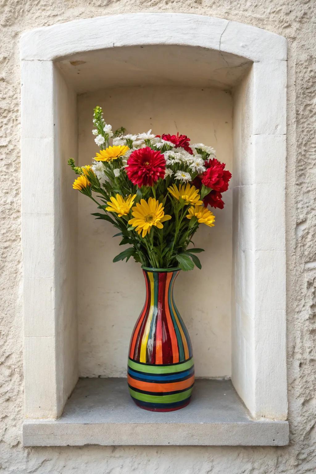 A wall niche spotlighting a vibrant, colorful vase as a statement piece.