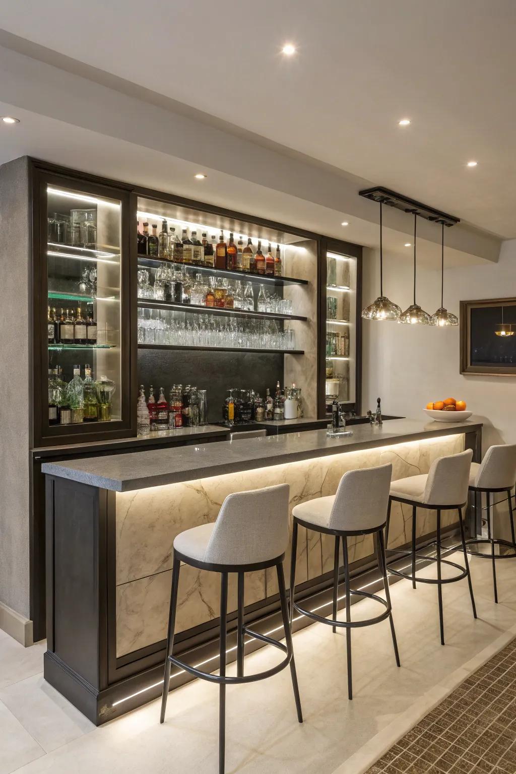 Minimalist embellishment highlights the essentials of your wet bar.