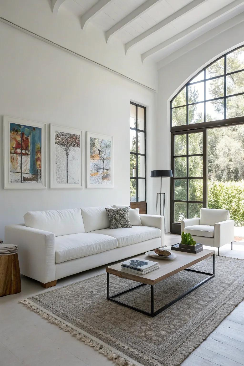Understated furnishings create a clutter-free aesthetic in a white living space.