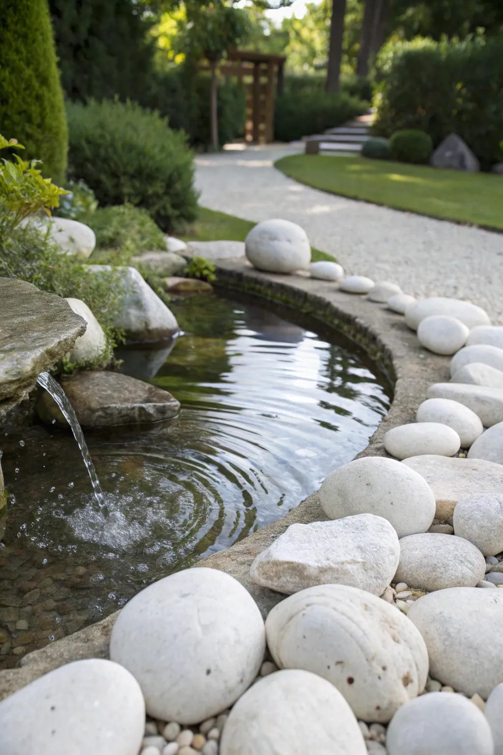 A quiet water feature surrounded by white stones, establishing a peaceful corner in the garden.