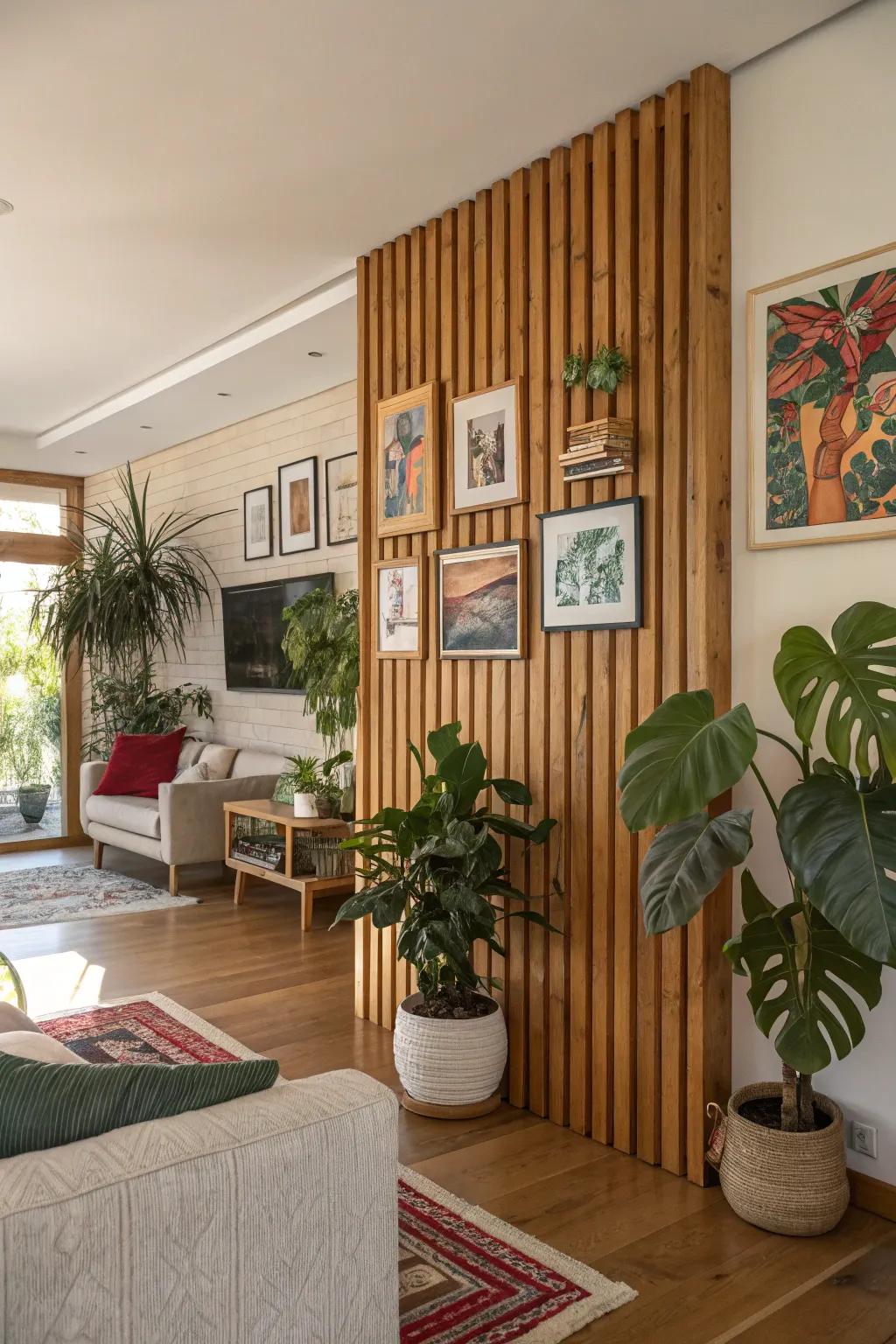 Breathe life into your space by combining art and greenery on a wood slat wall.