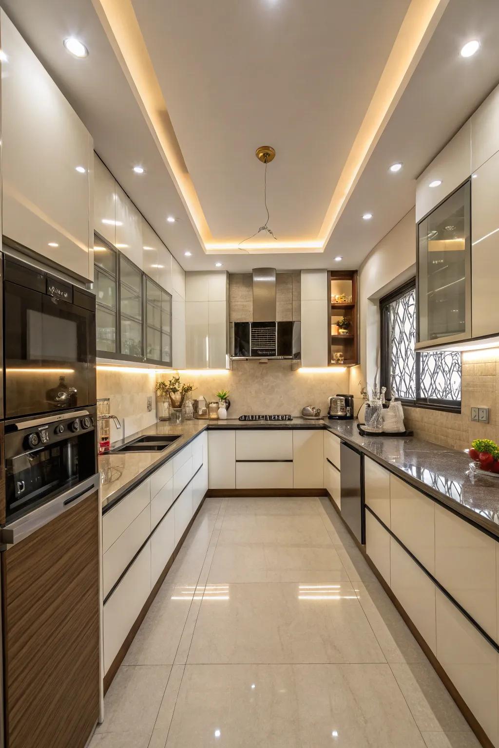 Relish abundant space and functionality using a horseshoe-shaped kitchen design.