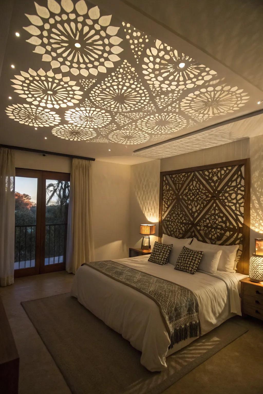 Geometric ceiling designs for an intriguing visual.