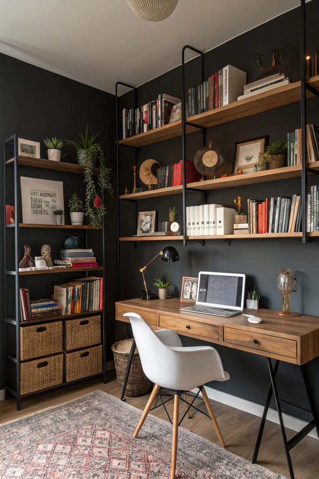 Visible shelving introduces individuality and accessibility to the office.