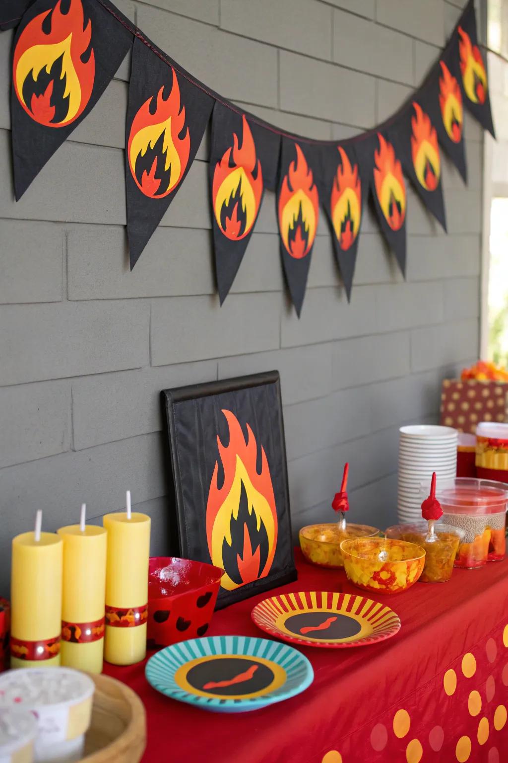 Enhance your party with flame-themed decorations.