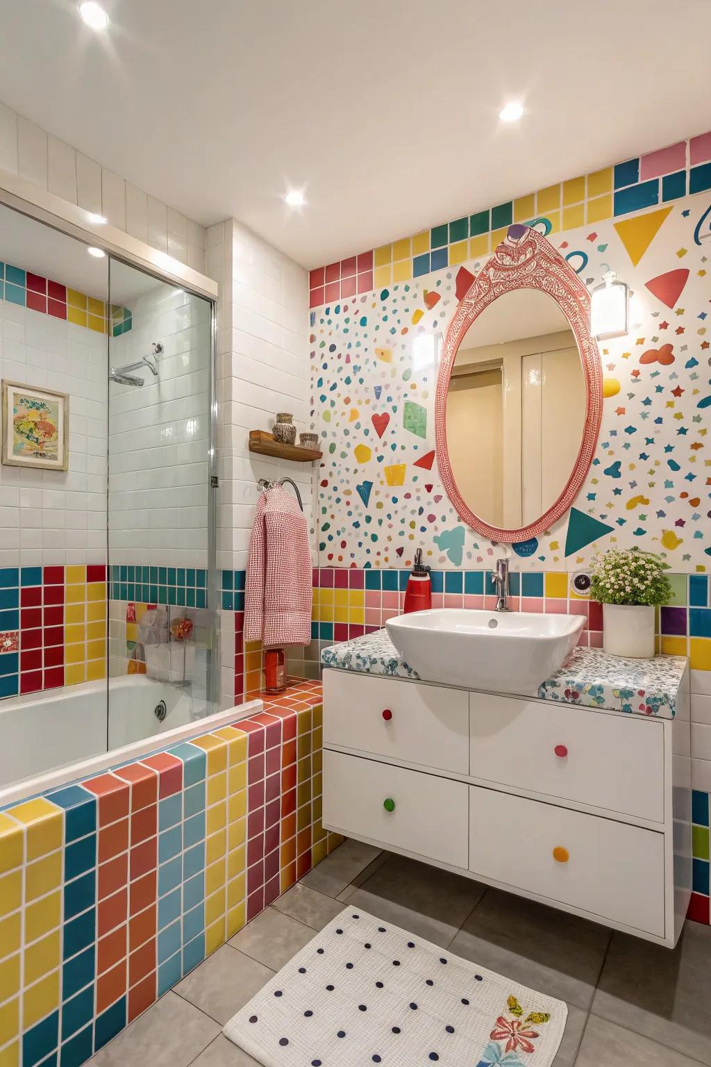 A lively and vibrant bathroom featuring whimsical mosaic tile patterns.