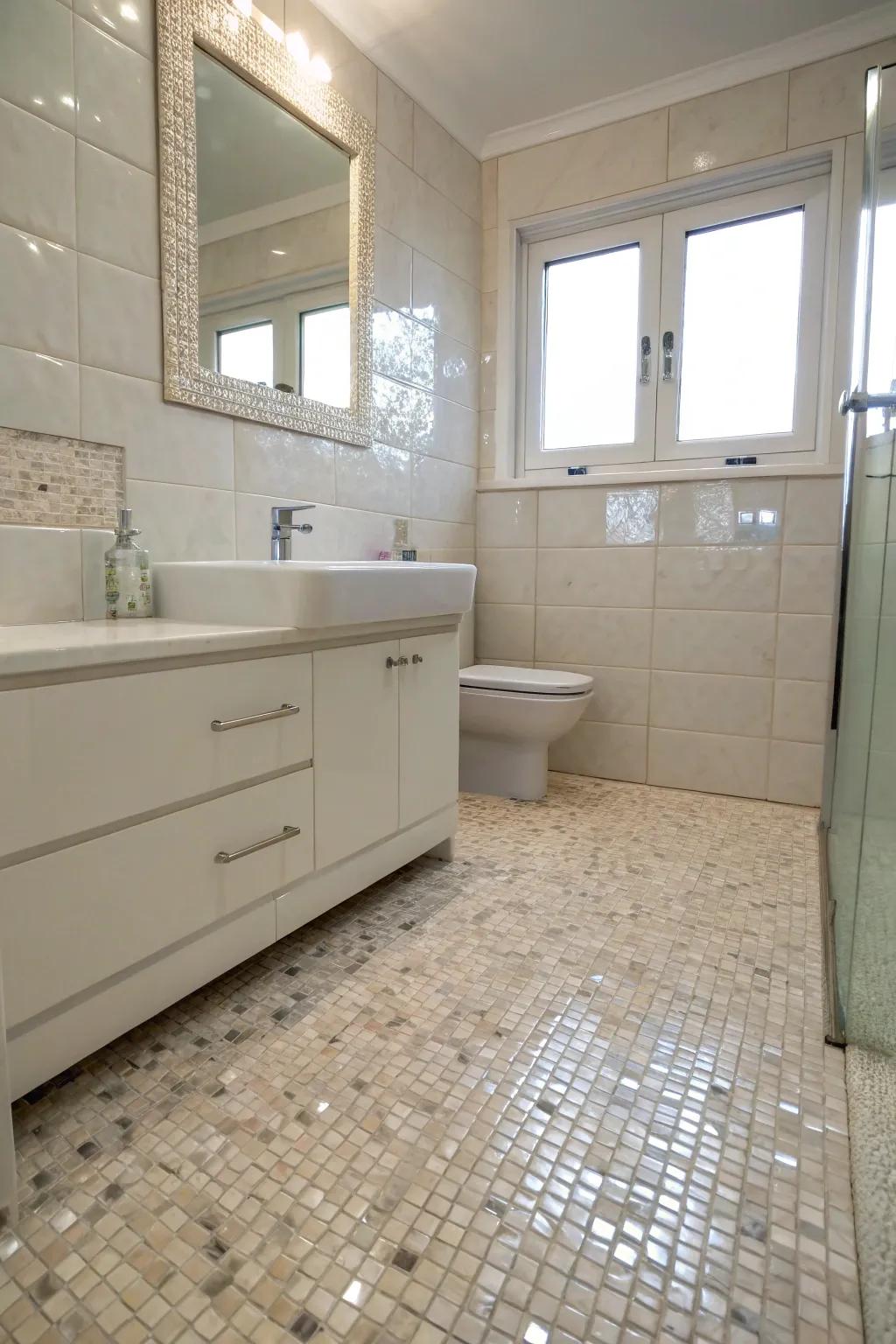 Nacre floor tiles impart a subtle elegance and reflect light beautifully.