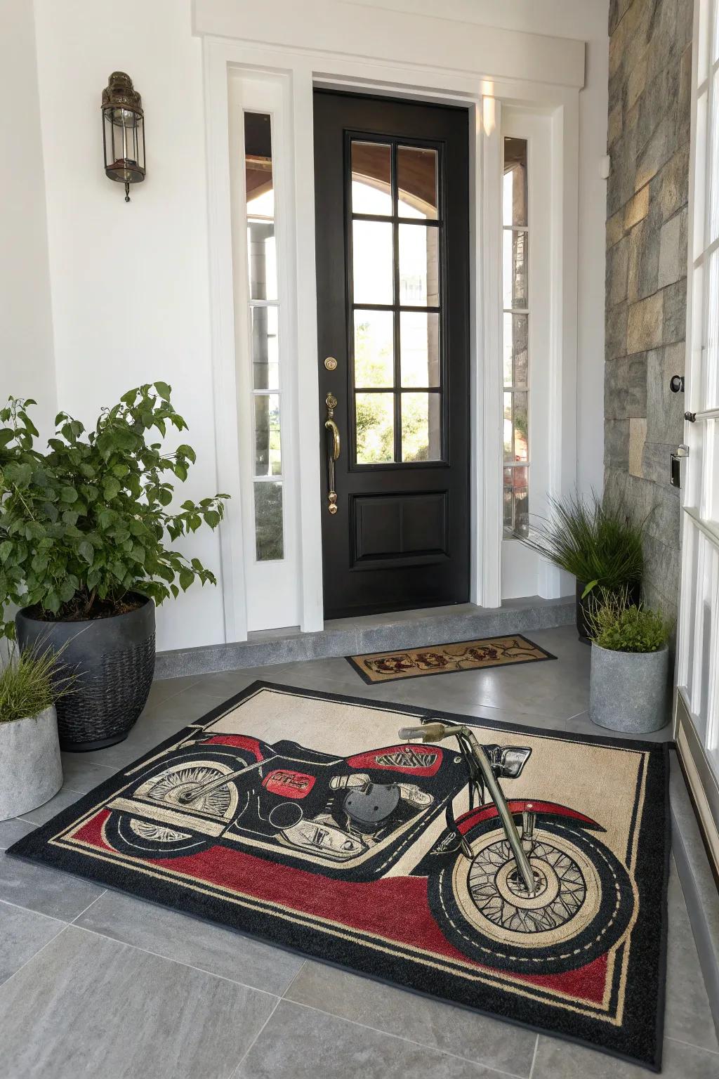 A unique motorcycle rug adding flair to the entry space.