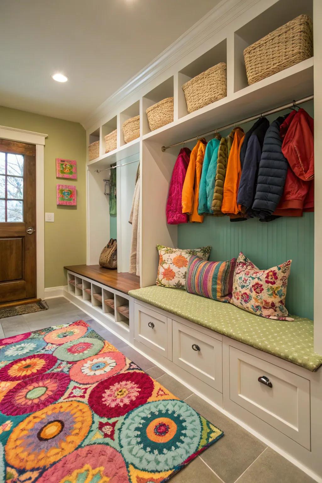 Create a warm, inviting mud room with decorative elements.