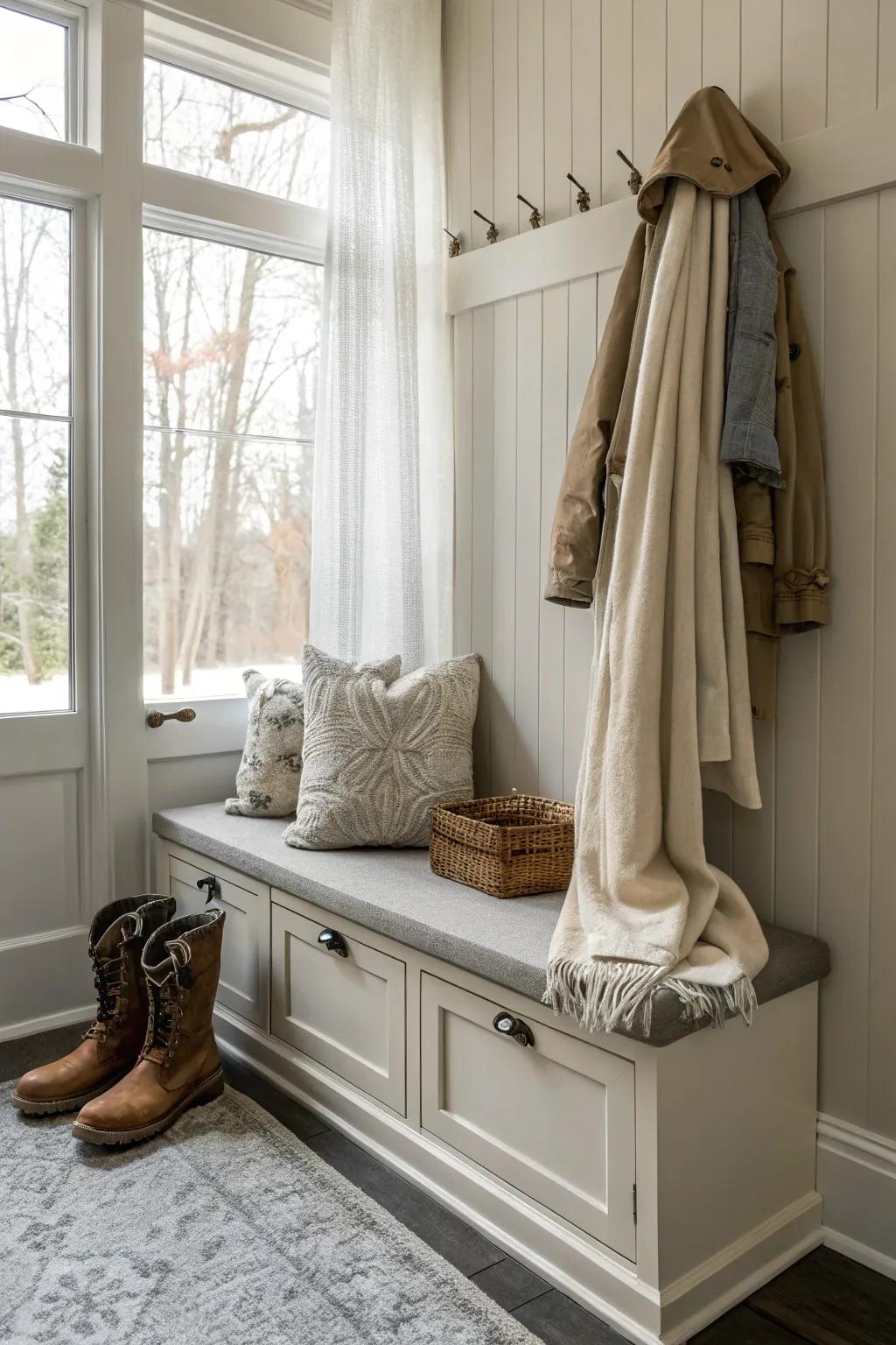 A serene mudroom bench in soothing muted tones.