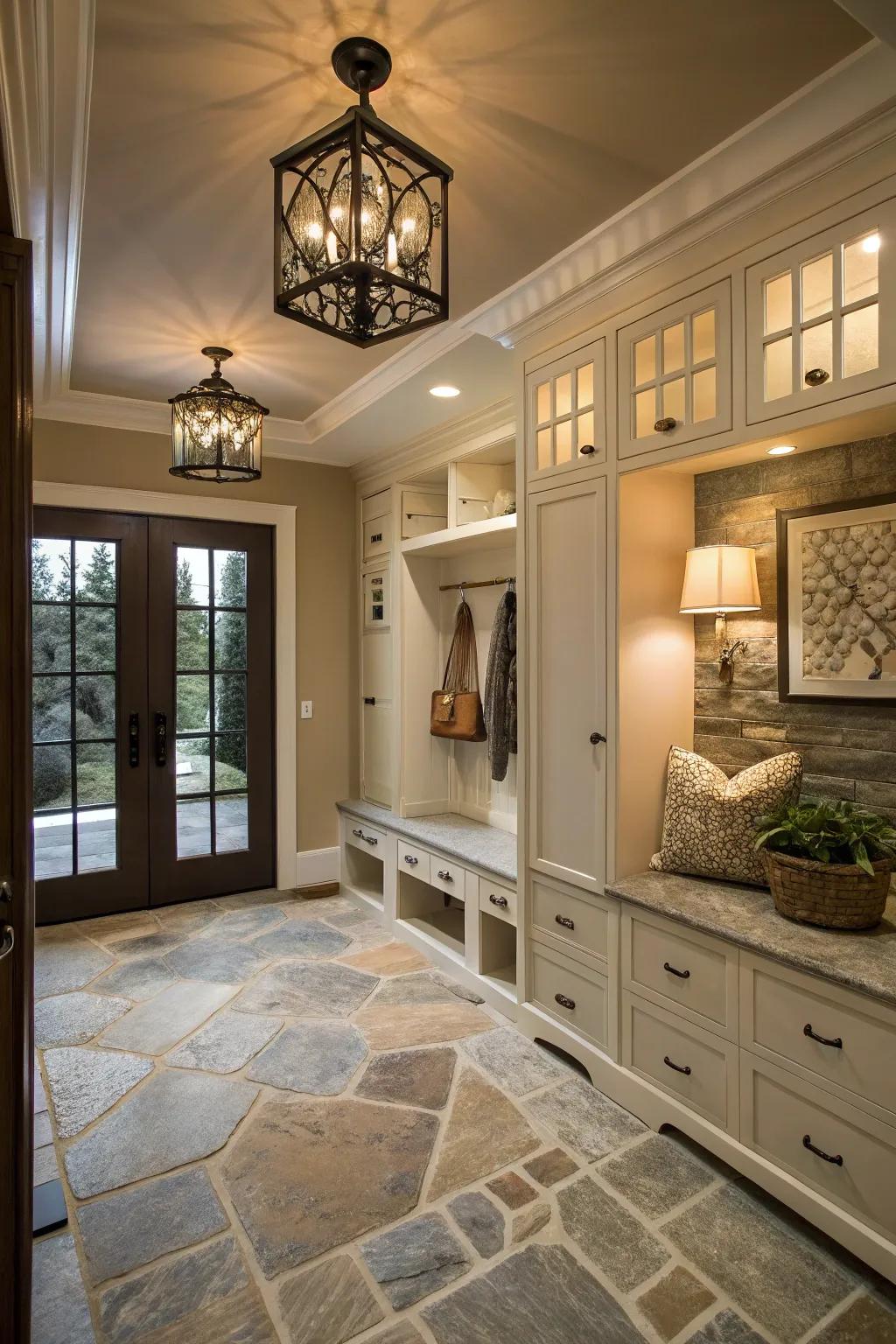 Real stone flooring adds a timeless class to any mudroom.