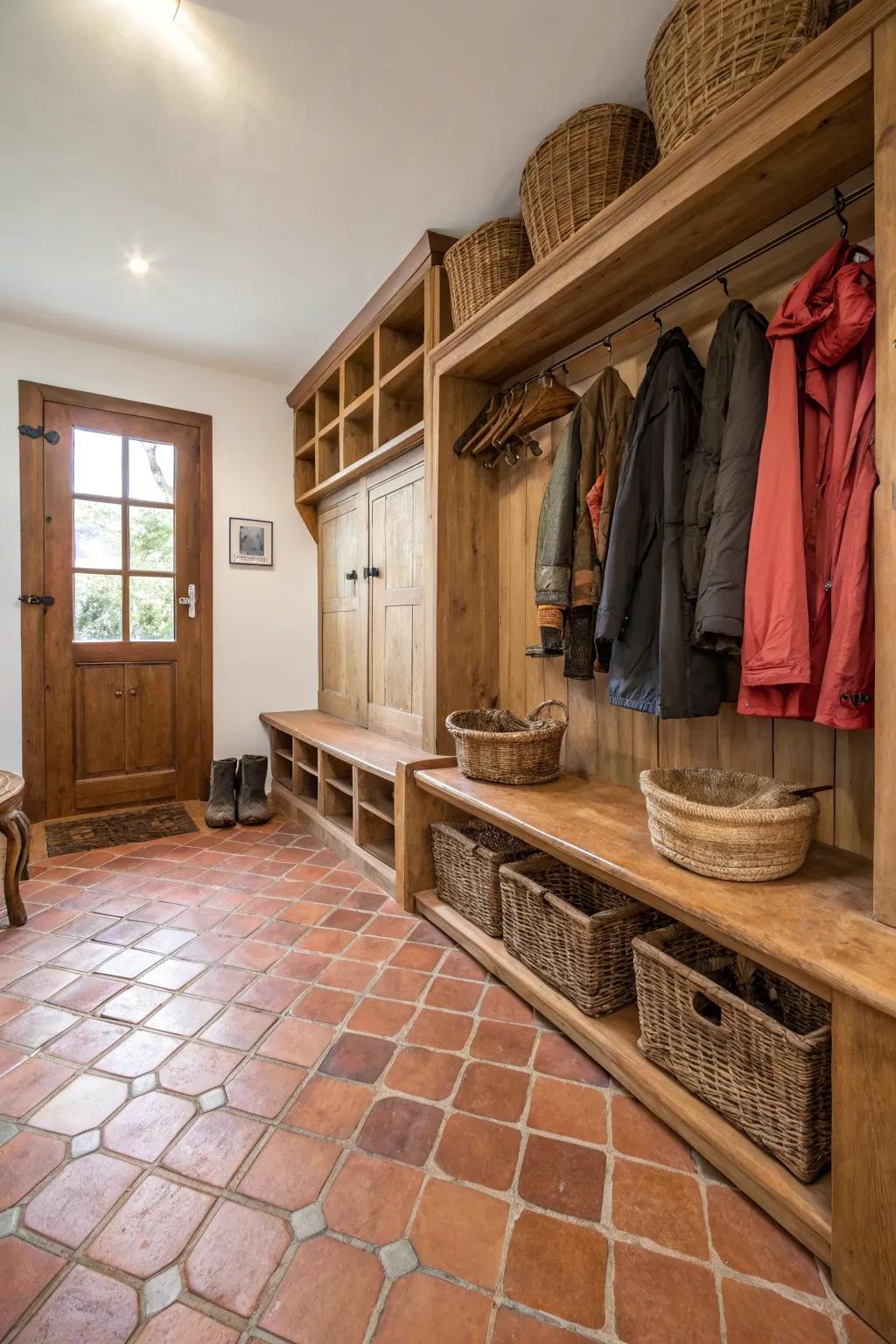 Earthen tiles bring rustic charm to your mudroom.