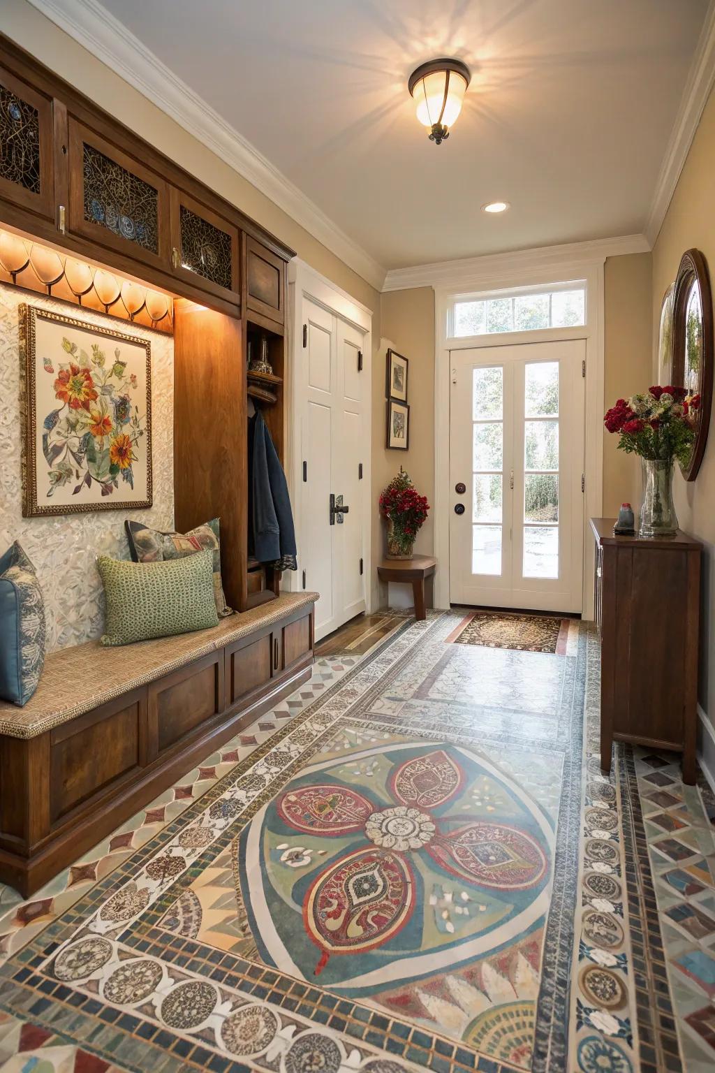 Intricate mosaic tiles creating a masterpiece in a mudroom
