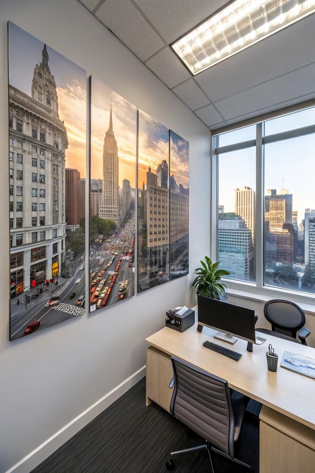 An inspiring skyline painting that spans multiple canvases and fuels creative energy in the office.