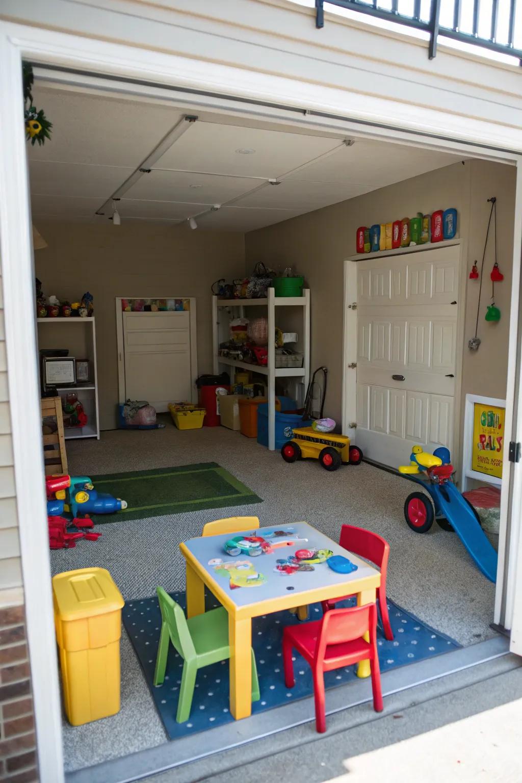 A kid-friendly play zone established in a garage.