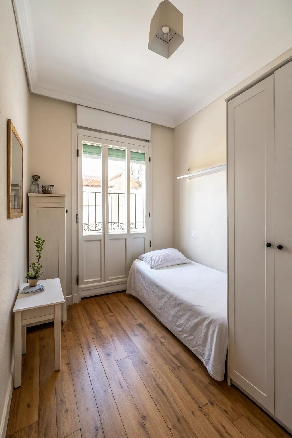 Minimalist decor preserves an open and uncluttered ambiance in a slender bedroom.