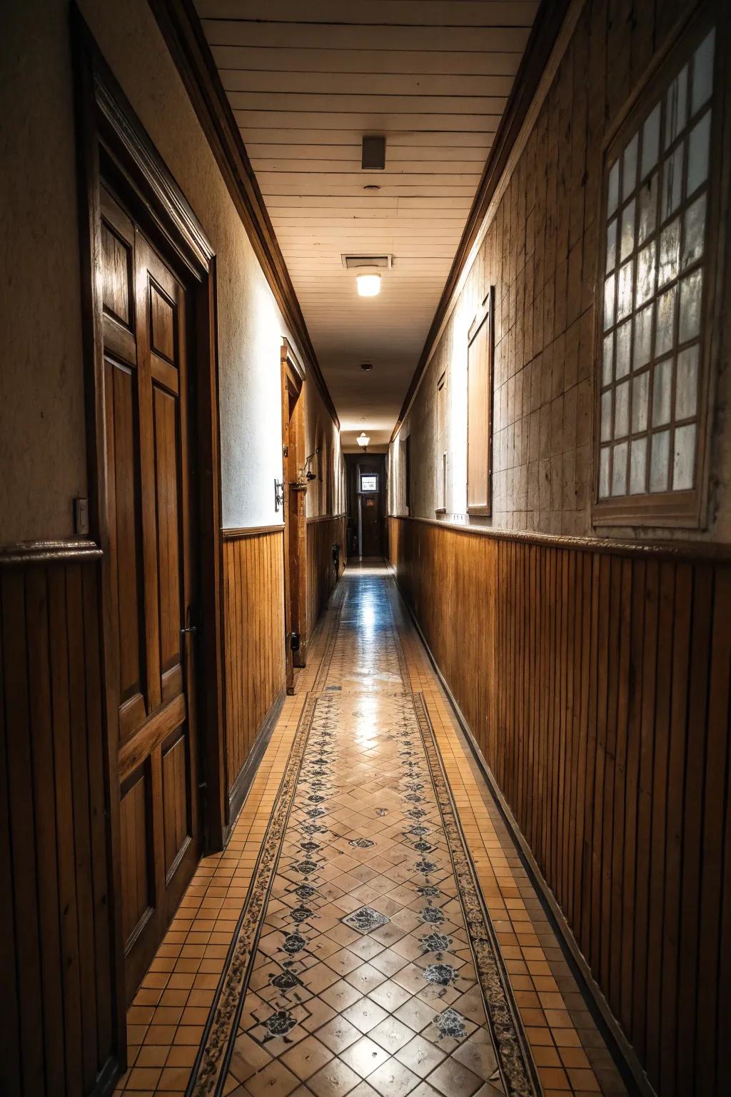 Combining materials adds depth and visual interest to hallway floors.