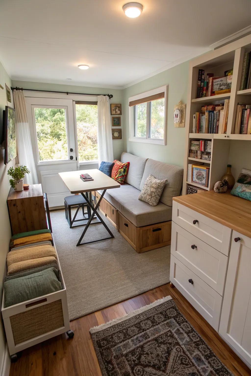 Multi-functional furnishings optimizing the utilization of space within a confined living space.