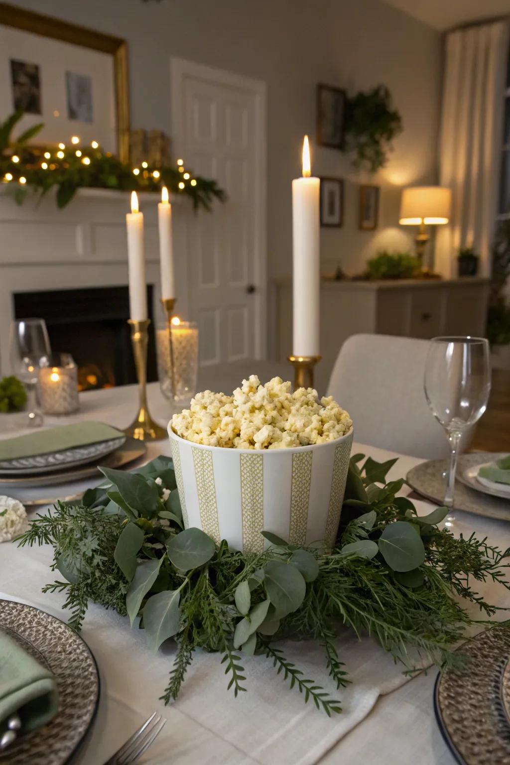 A stylish popcorn accent elevating an eating area table.