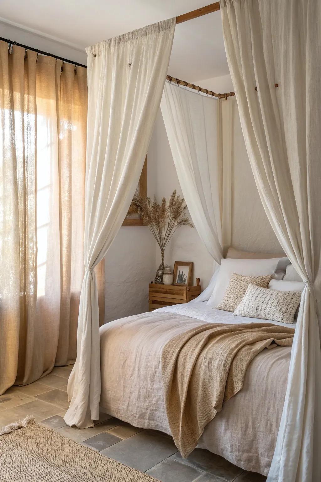Natural materials like cloth and cotton enhance this bedroom's theme.