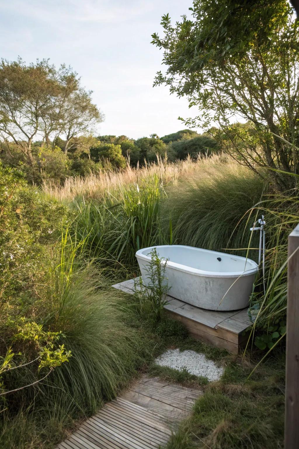 Attain organic seclusion with plants encircling your outdoor tub.