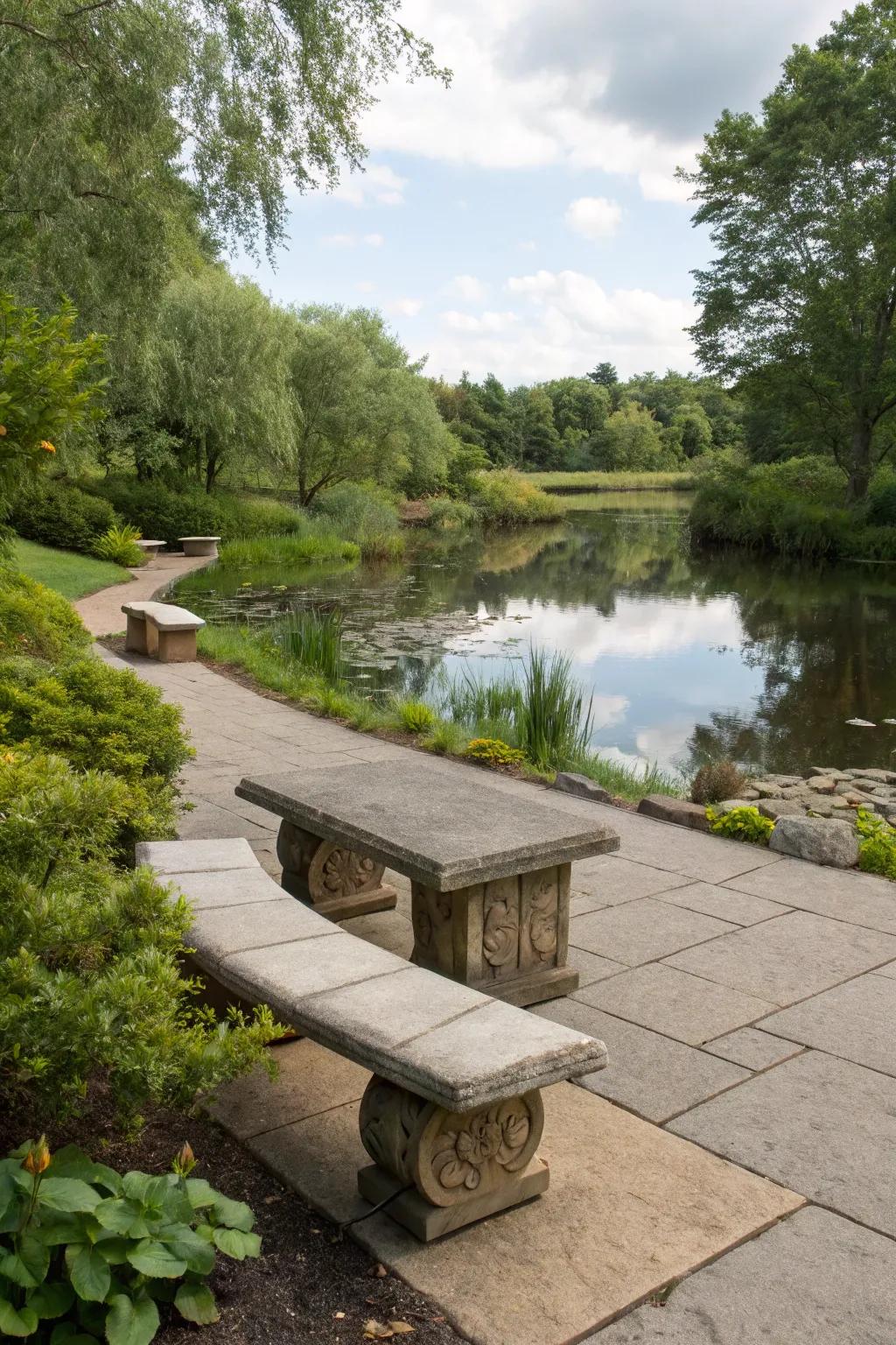 A tranquil seating space ideal for relishing the serene pond ambiance.
