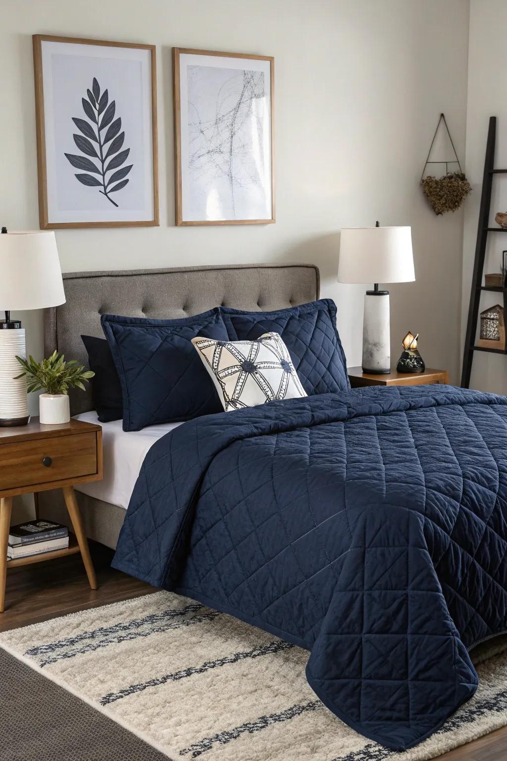 Make a statement with monochrome sea blue bedding.