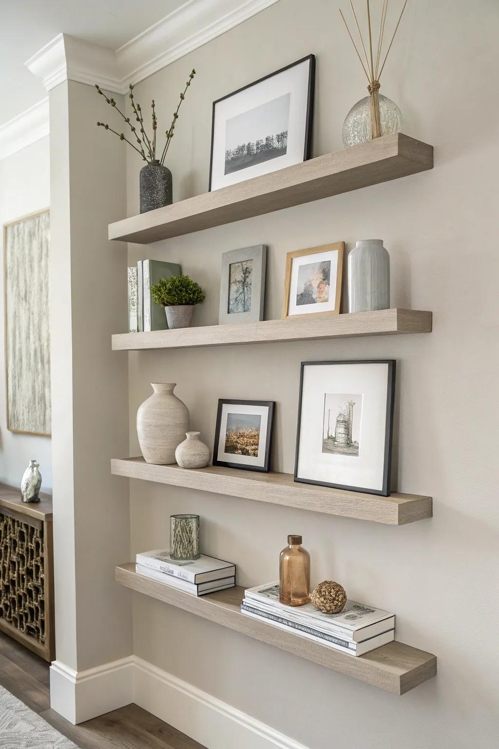 Floating shelves offer both style and storage.