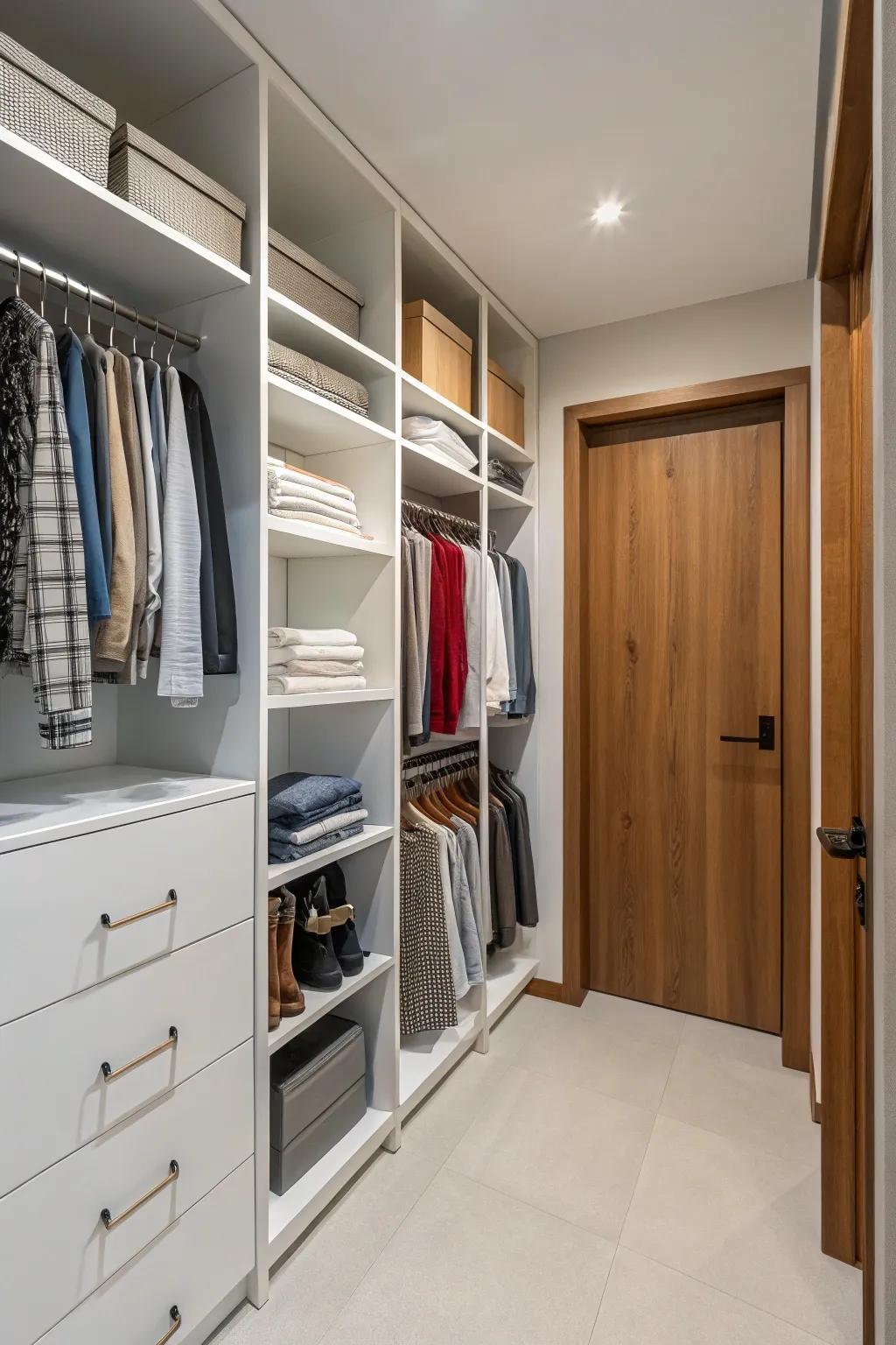 Storage that goes up high in an open closet