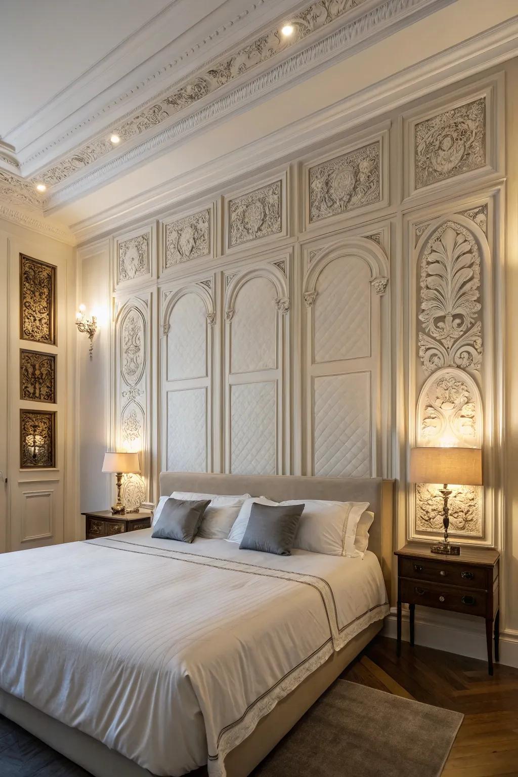 Architectural panels add dimension and a sense of style to the bedroom wall.