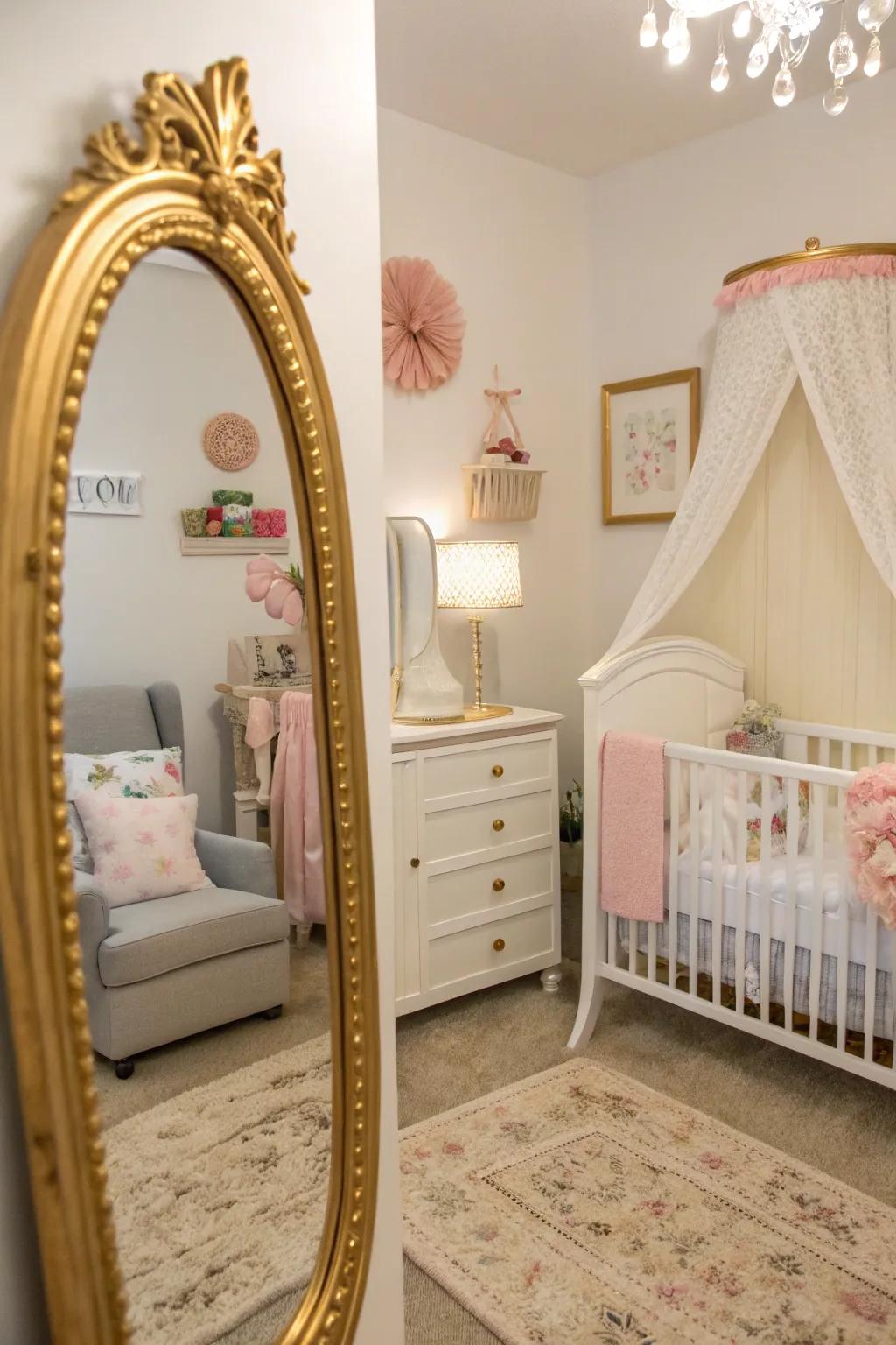 A gold-accented reflector introduces a hint of luxury to this nursery.