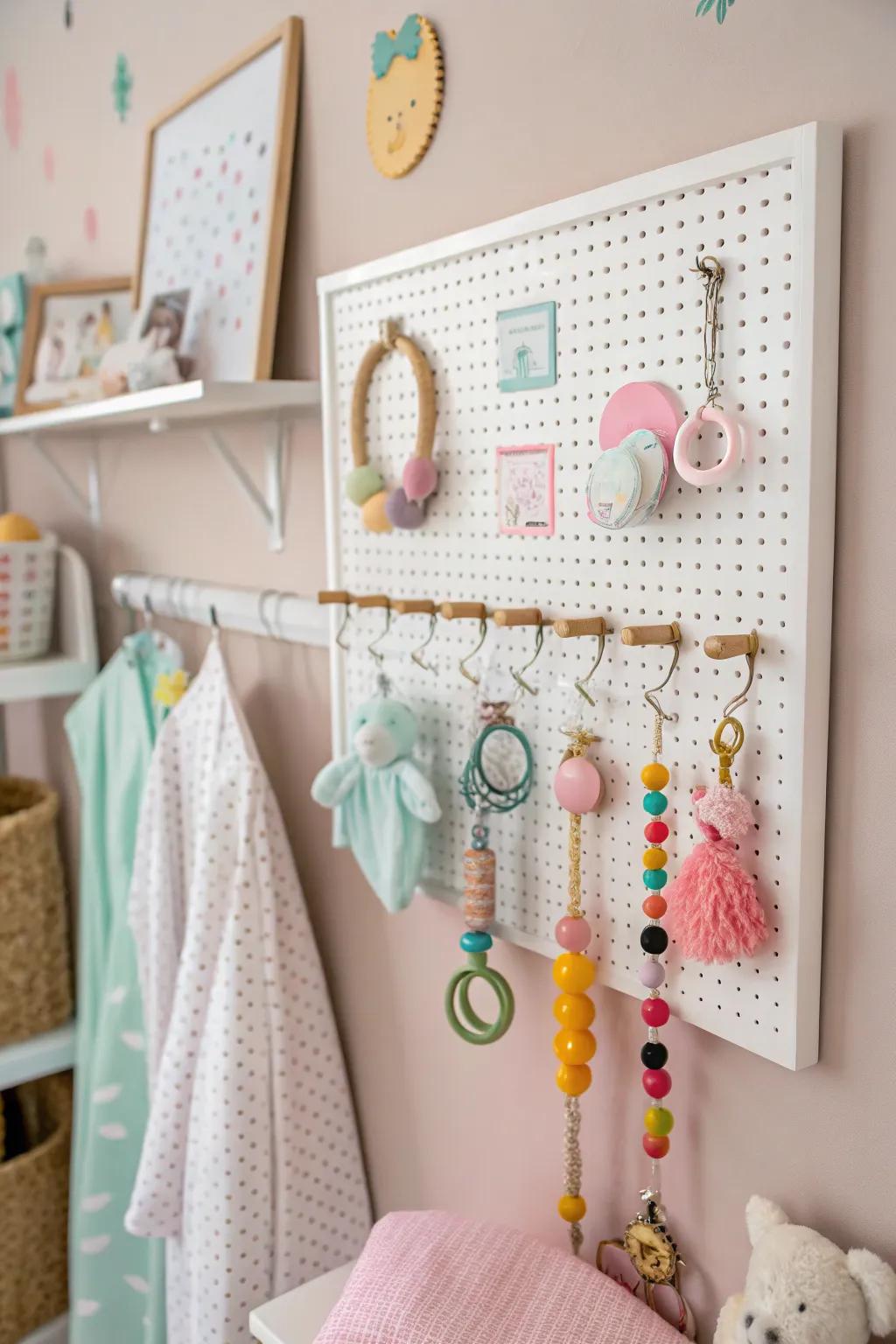 A versatile perforated board system designed for organizing and displaying baby items.