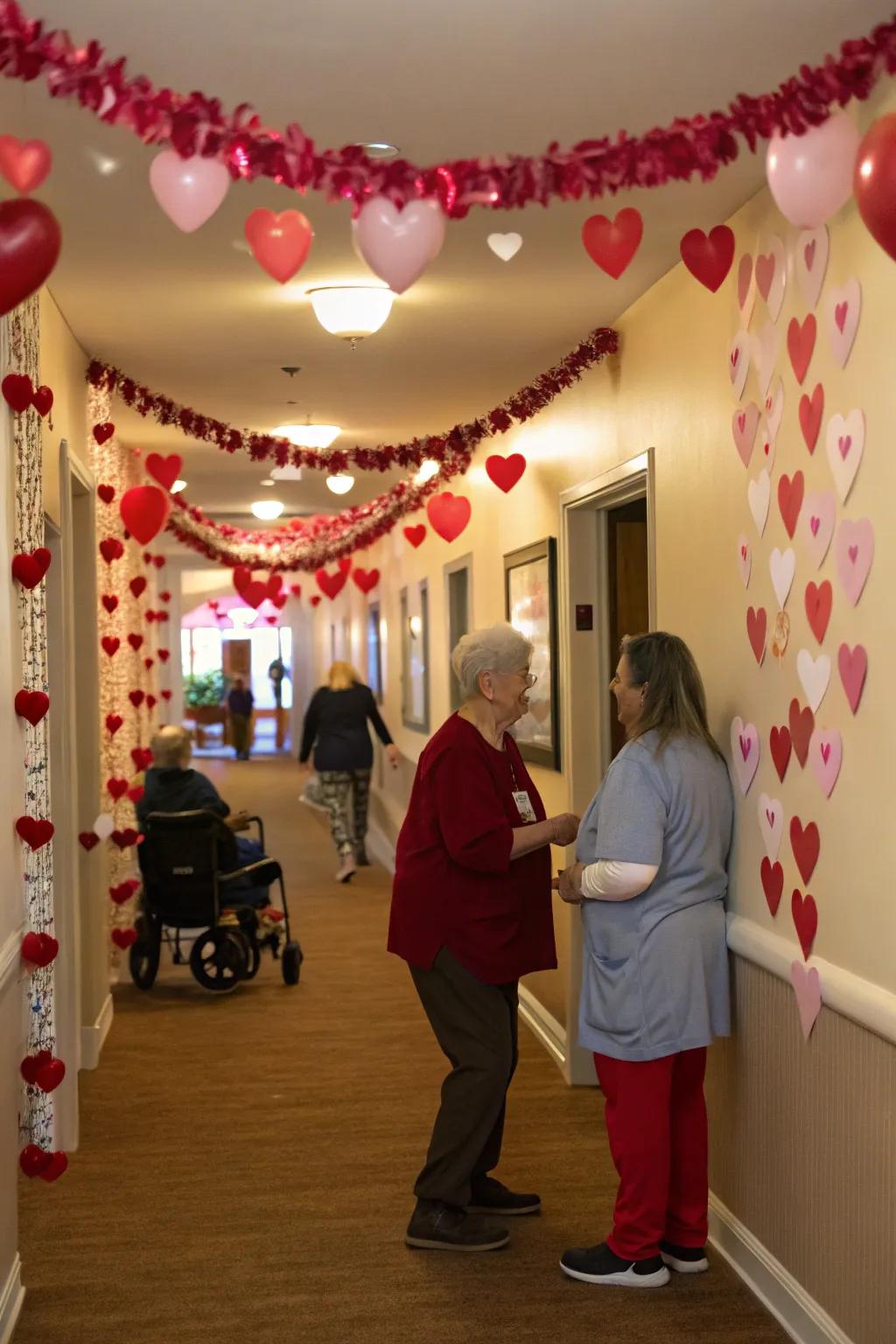 Heart-themed decorations bringing Valentine's spirit to the nursing home.