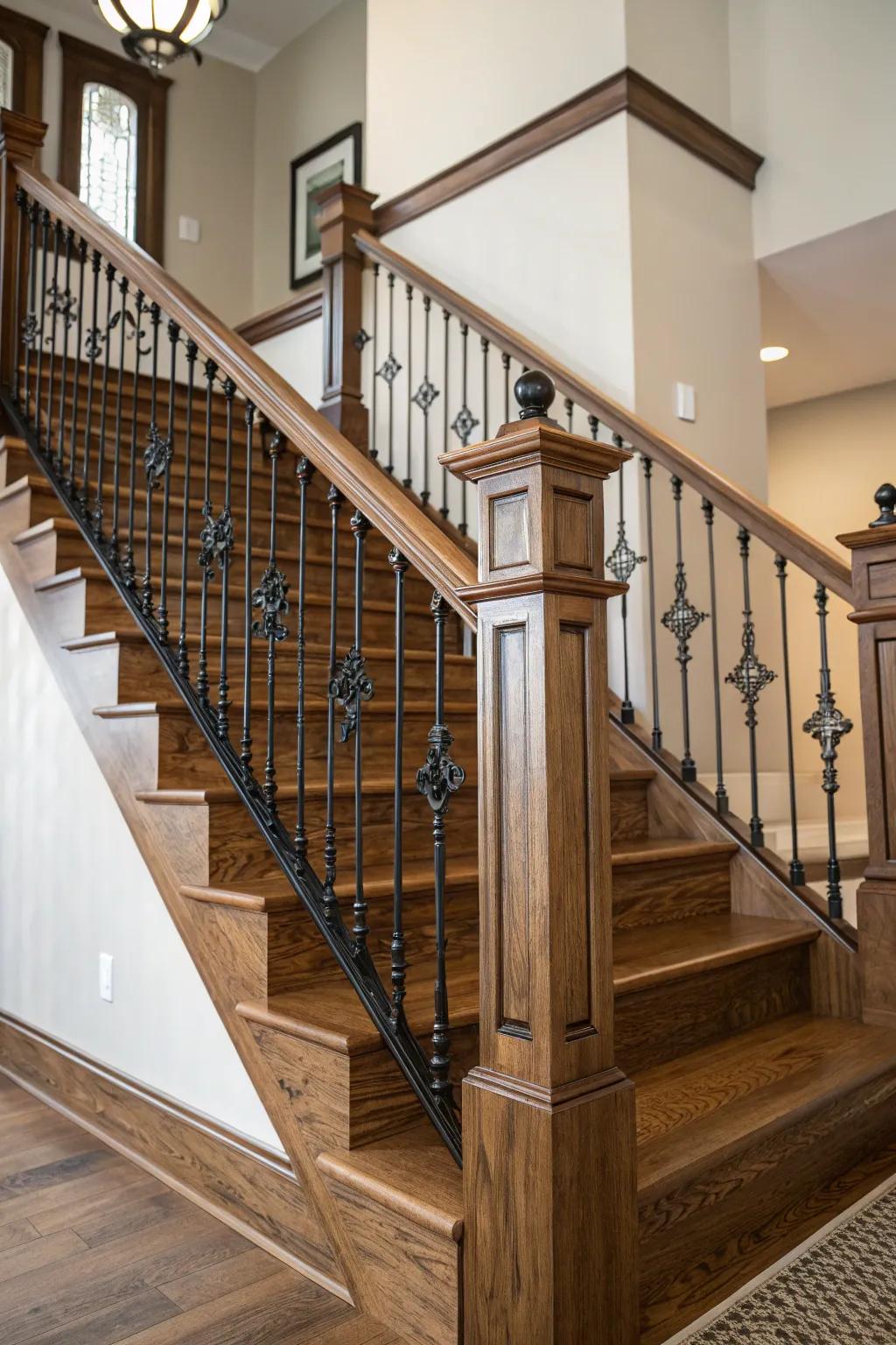 An exceptional fusion of metal and oak in stairwell spindles.