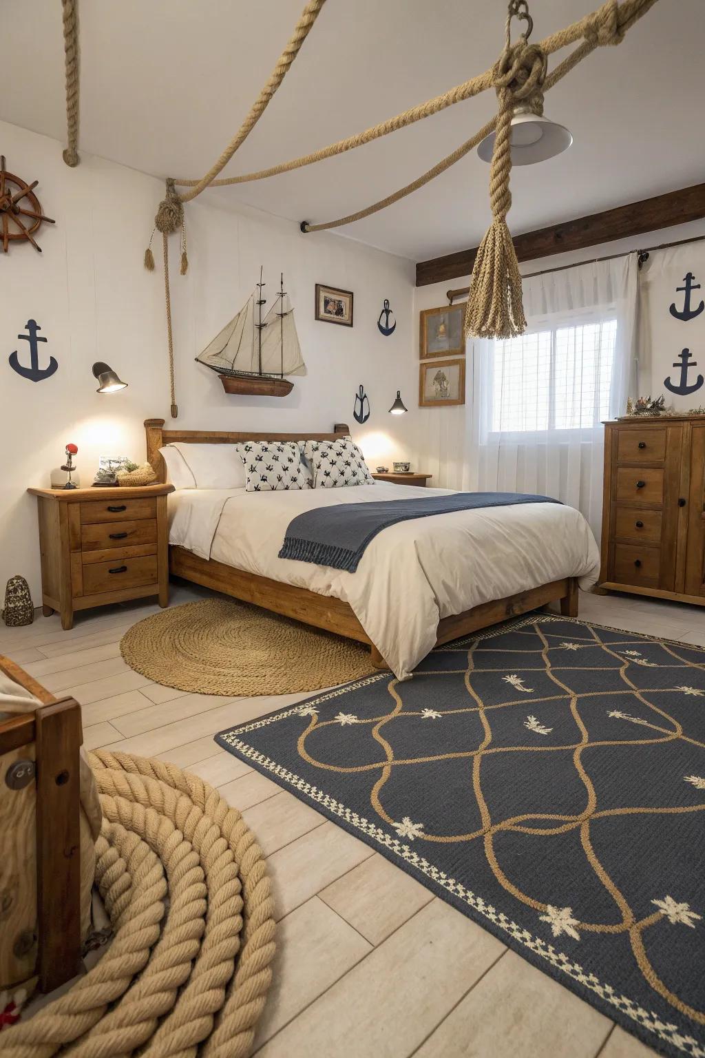 Rope accents contribute an authentic nautical vibe to your bedroom décor.