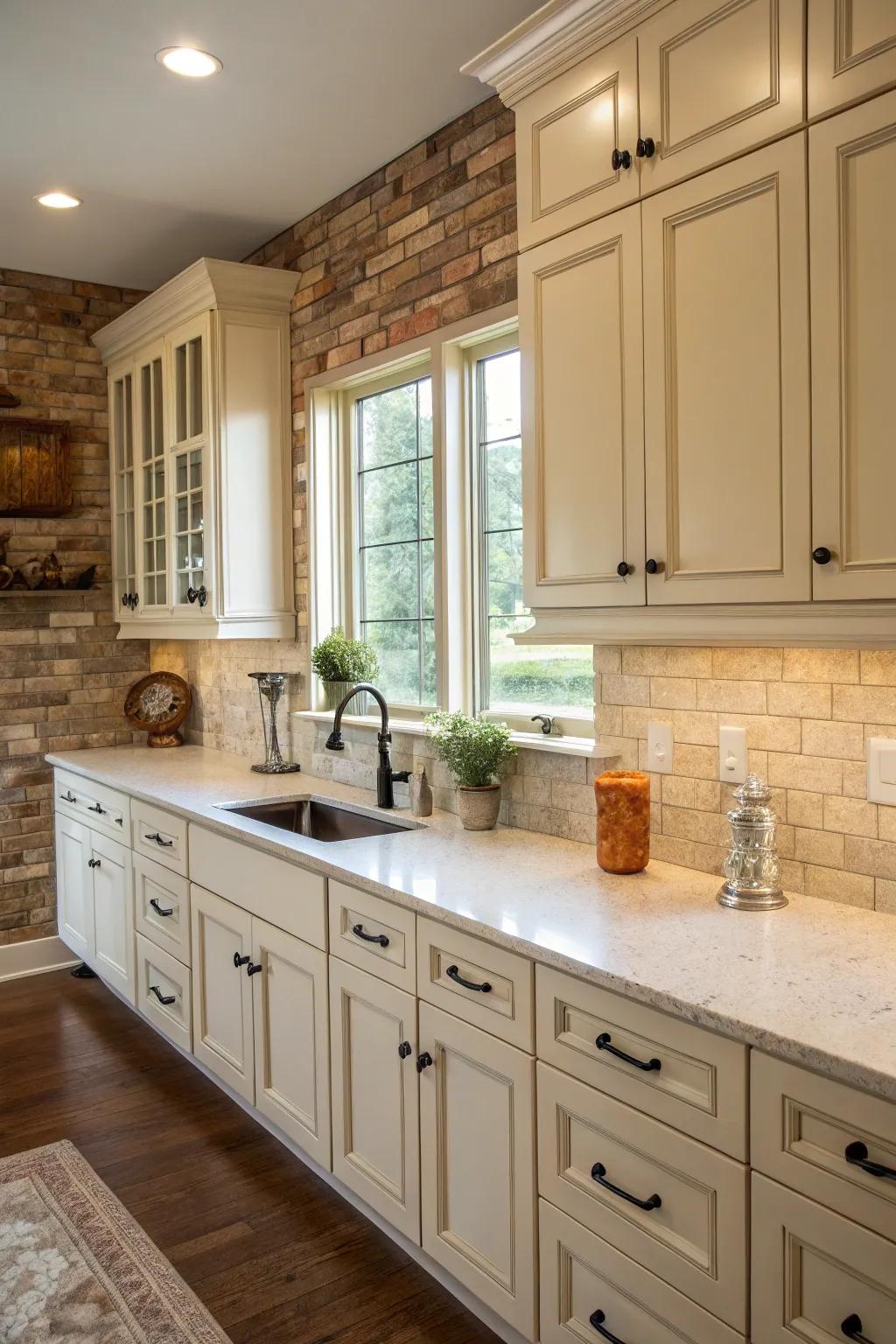 Textures enrich cream-colored kitchen designs.