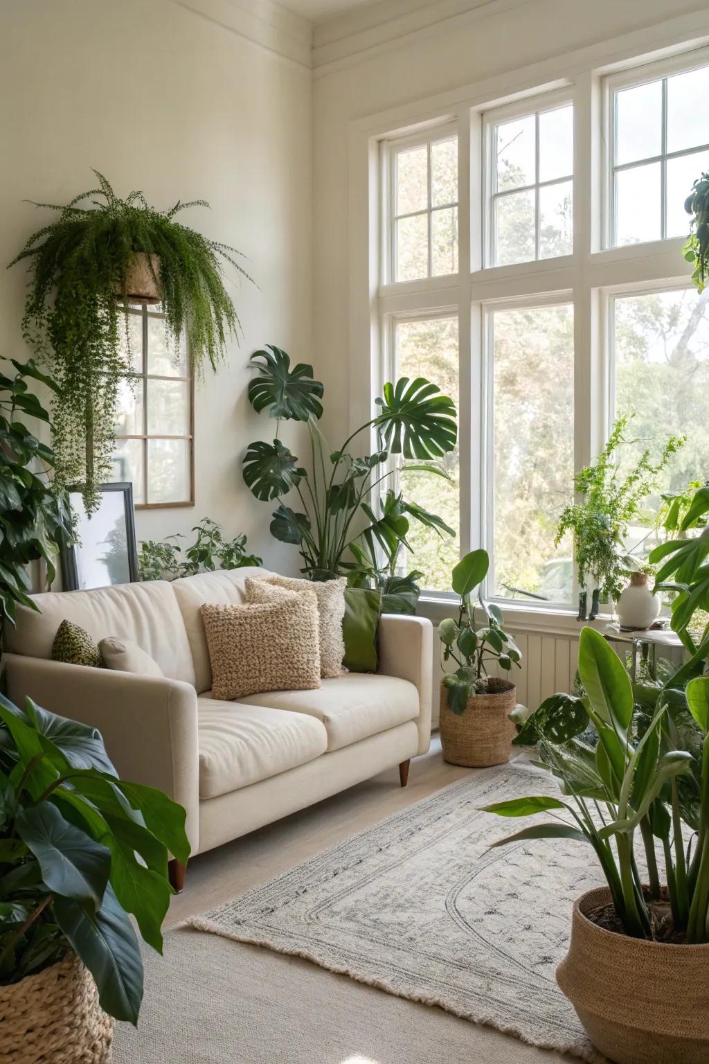 Greenery brings life and freshness to an off-white living area.