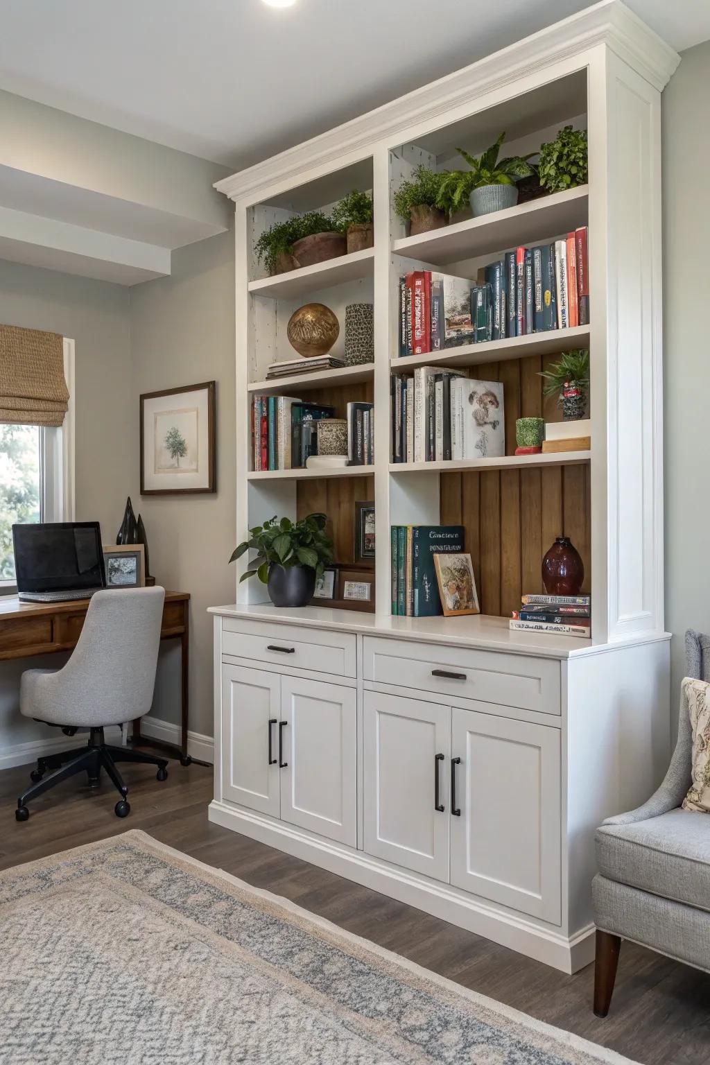 Balance display and storage using a bookcase-cabinet hybrid.