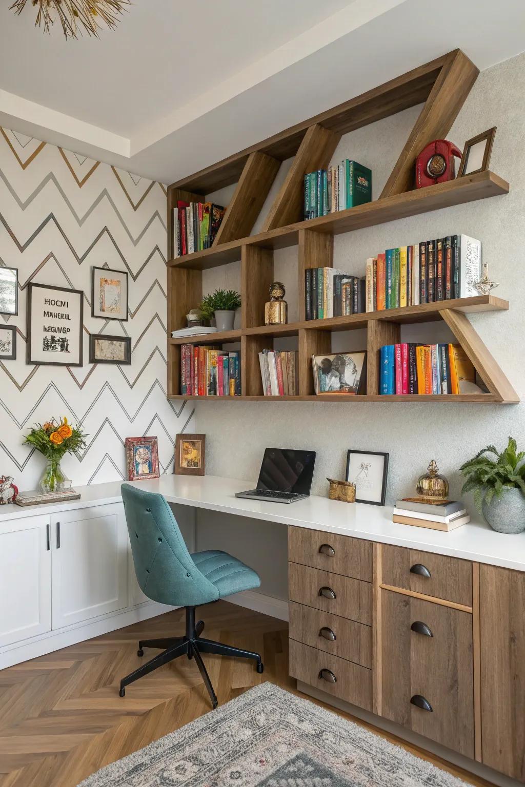 Angular shelves introduce a playful and energetic vibe to your office.