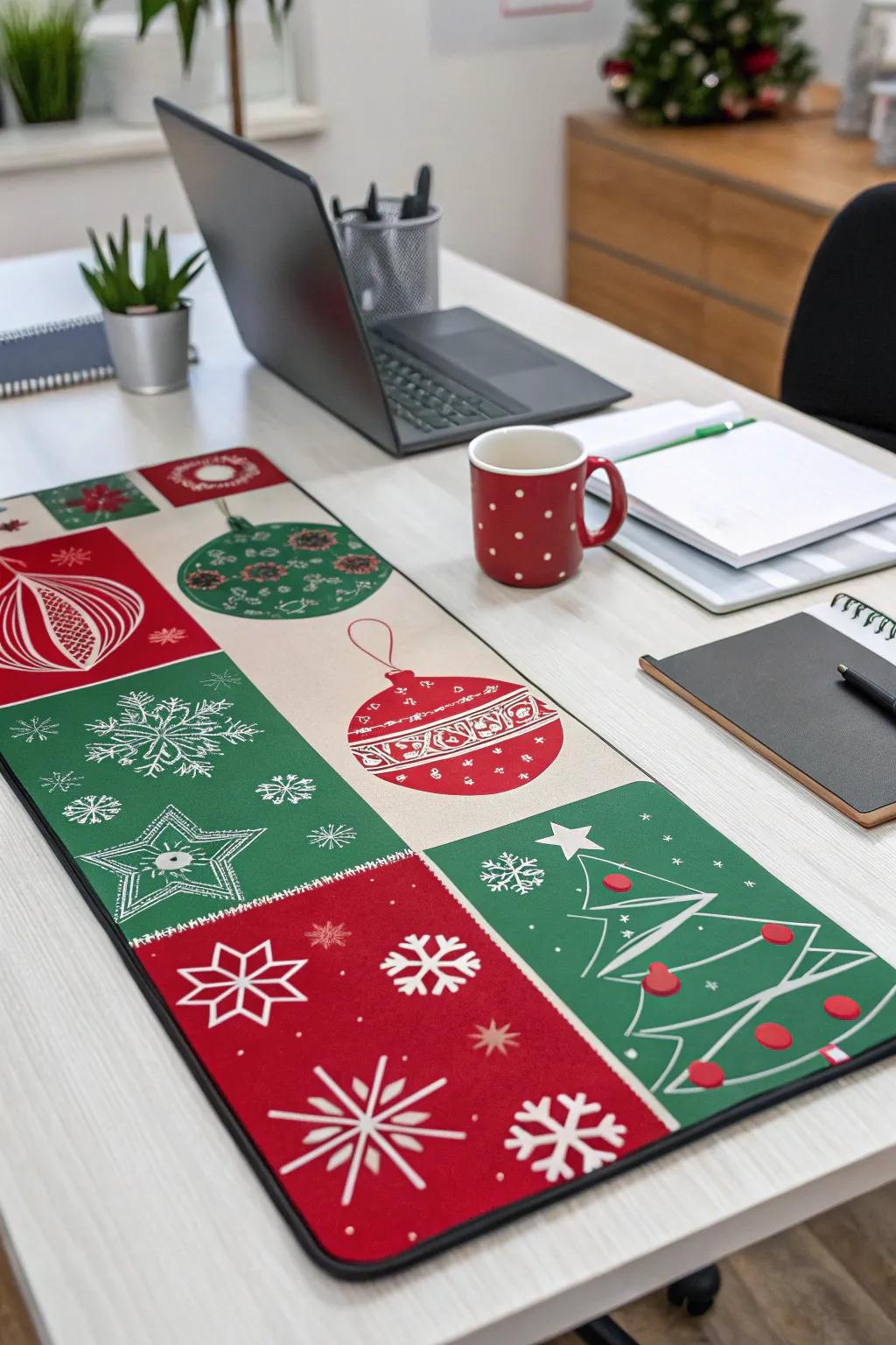 A themed desktop surface protector contributes subtle holiday cheer.