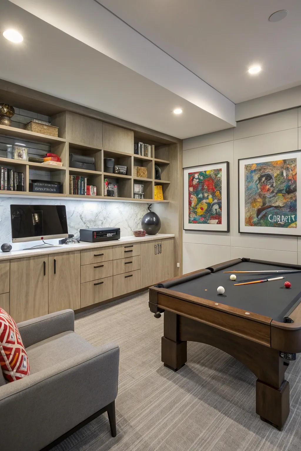 Smart use of area in a cool office game room layout.