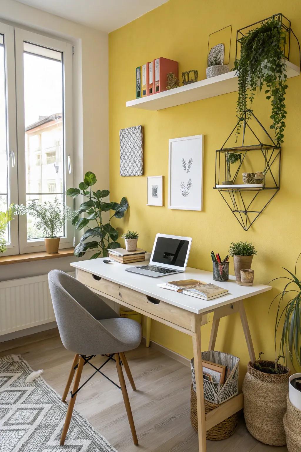 Yellow walls add a burst of vitality to your workspace.