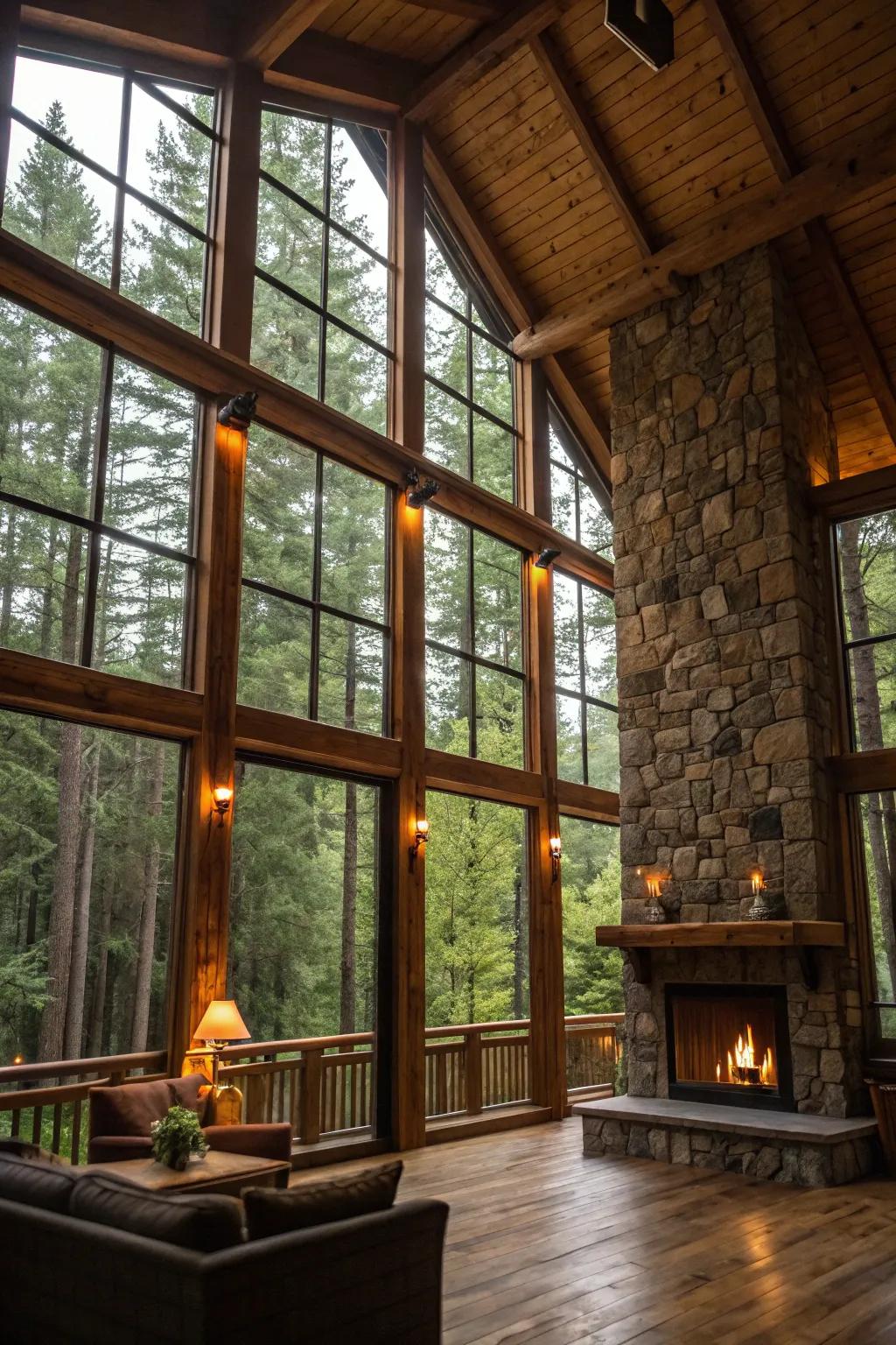 Rustic cabin interior offering wide windows with a gorgeous forest scene.