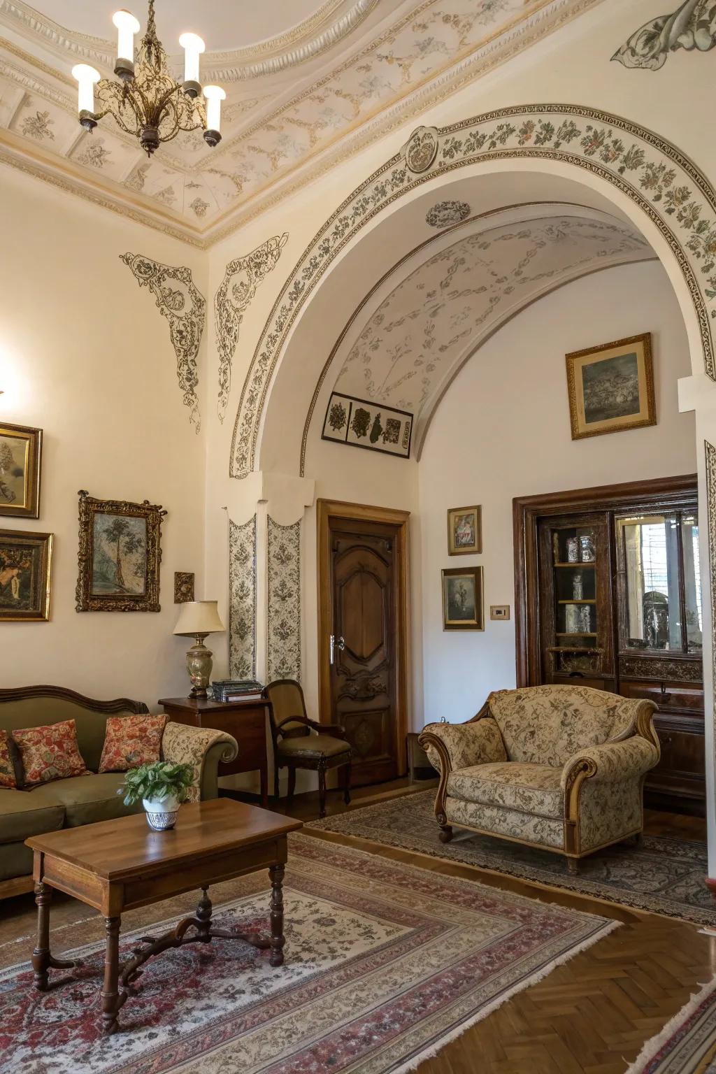 Structural features amplify the grand story of the room.