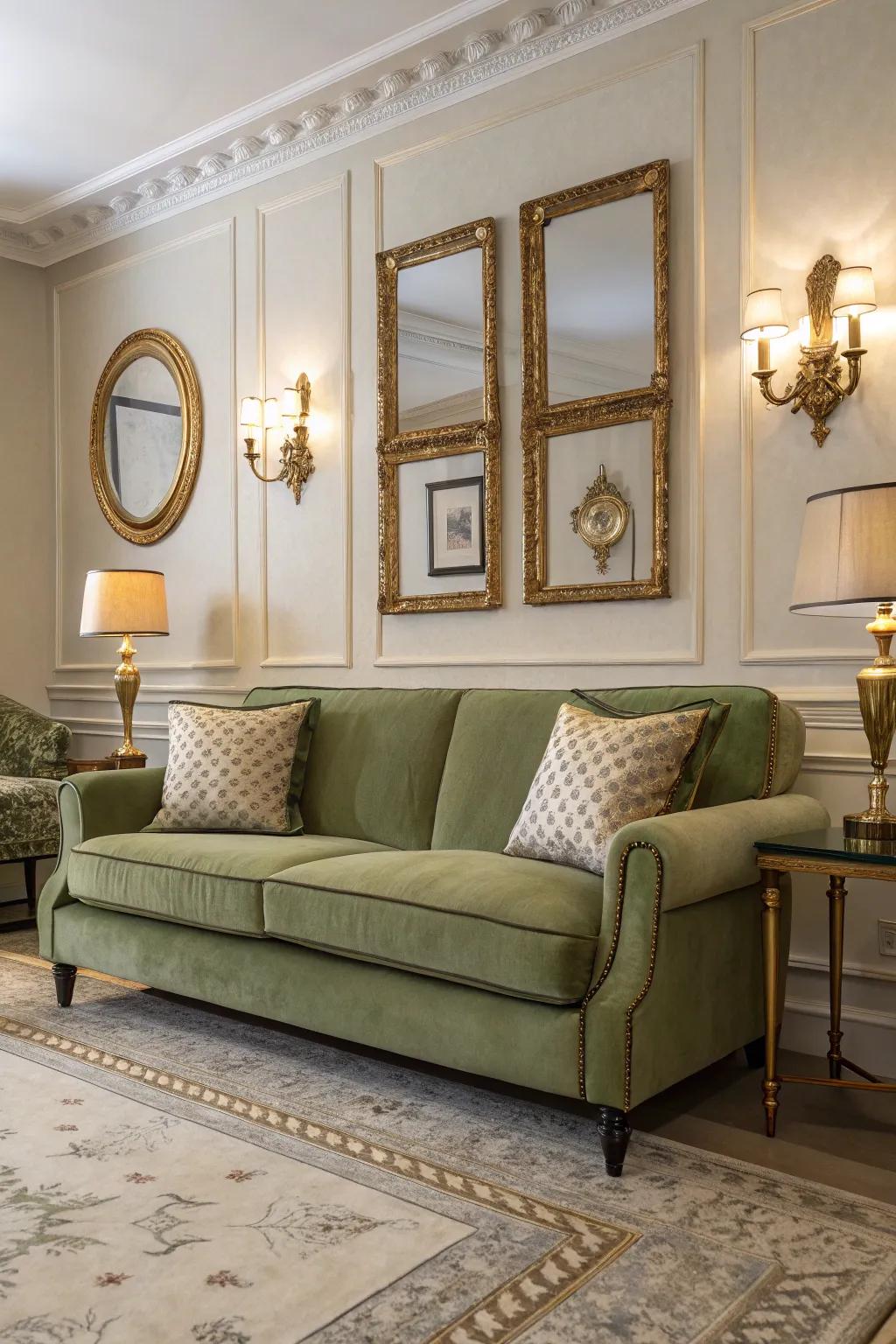 Gold and brass hints introduce a luxurious component to the area.