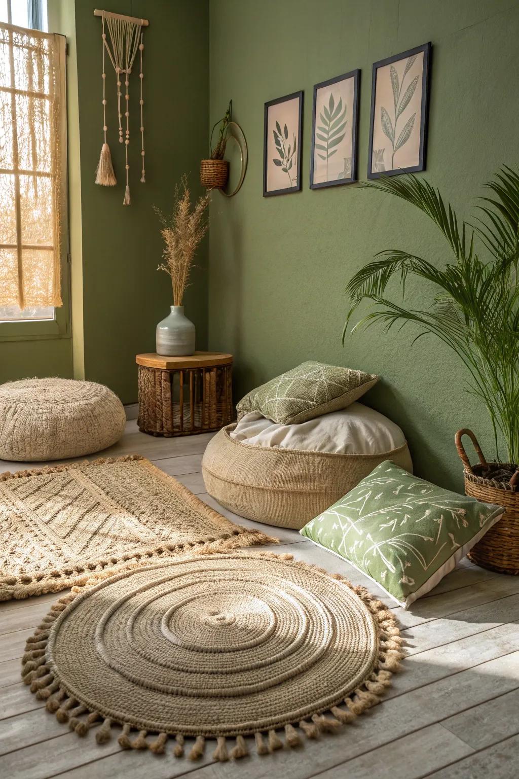 Textural elements greatly contribute to the snugness of verdant olive walls.