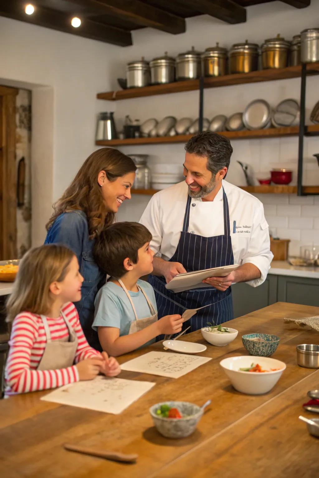 A family discovering new things and sharing laughter in a cooking class.