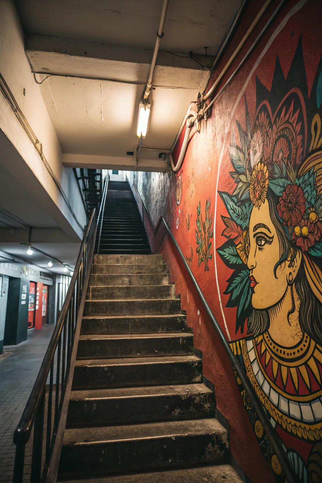 A bold mural on the staircase wall establishes an artistic focal point.